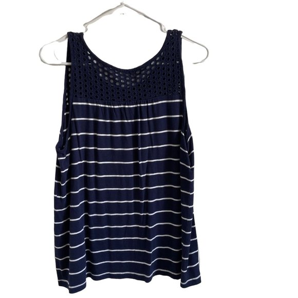 Old Navy Shirt Women's Large Blue White Stripe Eyelet Neckline Tank Top - Picture 2 of 8